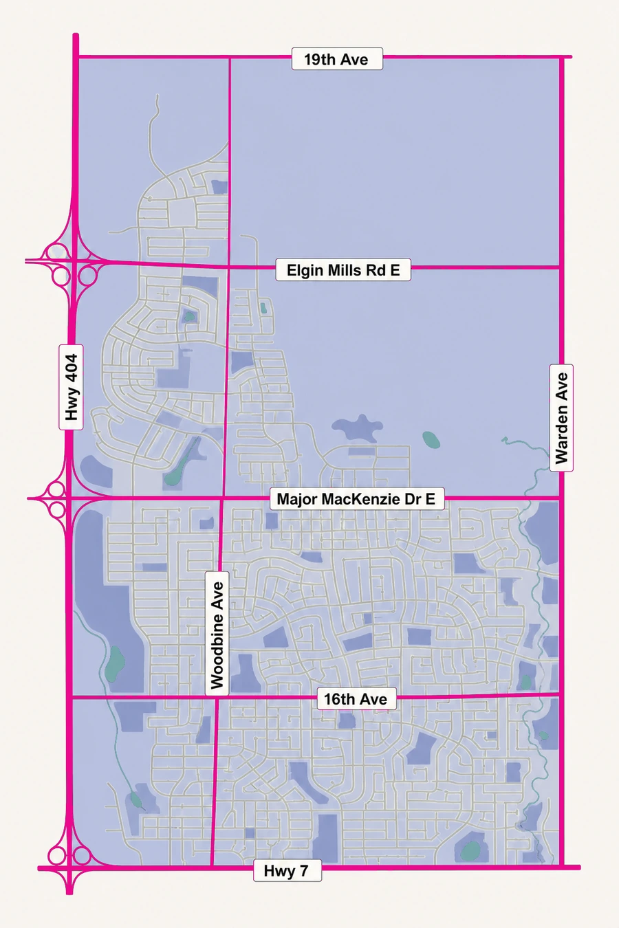 Ward 2 is the northeast corner of Markham, shaded blue and outlined in pink. Highway 404 forms the western edge, Warden Avenue the eastern edge, Highway 7 the southern edge, and 19th Avenue the northern edge at the Markham city limit. Elgin Mills Road East, Major MacKenzie Drive East and 16th Avenue cross the ward from west to east, and Woodbine Avenue runs north to south through it.